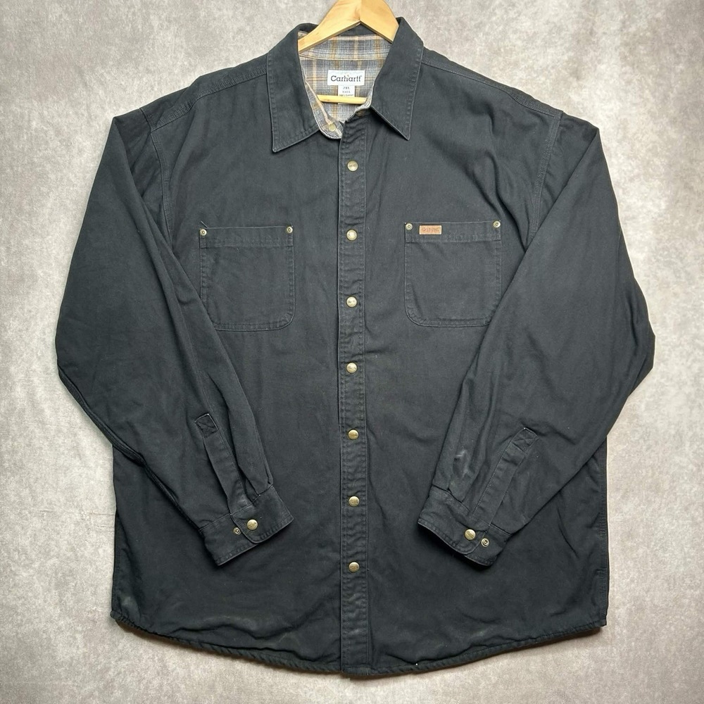 Carhartt Snap Jacket Black Canvas Flannel Lined Work Shirt Men's Size 2XLT Tall